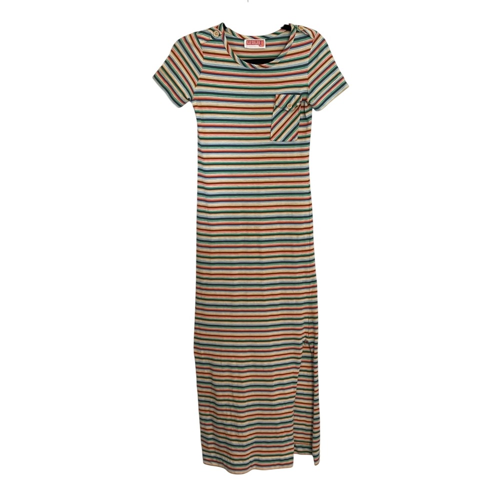 Vintage Leslie J Striped Knit Maxi Dress Short Sleeve Multi Color 70s Style Slit